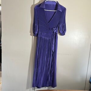 Elegant Purple Wrap Gown with Notched Collar and Bishop Sleeves